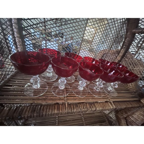 Set of 10 VIntage Small Ruby Red Clear Stem Wine Glasses/Champagne Glasses - Picture 2 of 7
